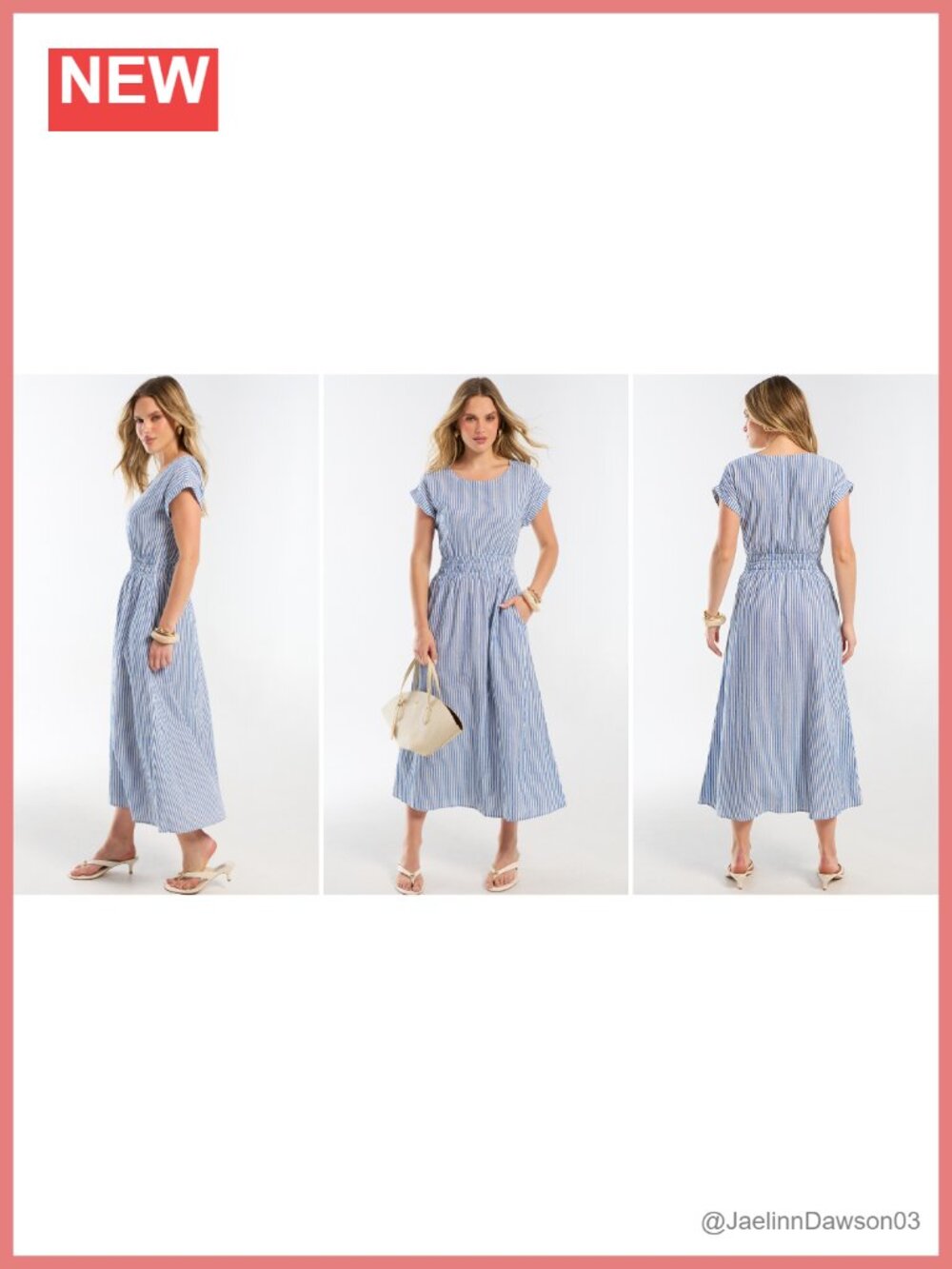 Casual Midi Dress with Pockets Short Sleeve Crewneck Elastic Waist Flowy Beach - Picture 6 of 6